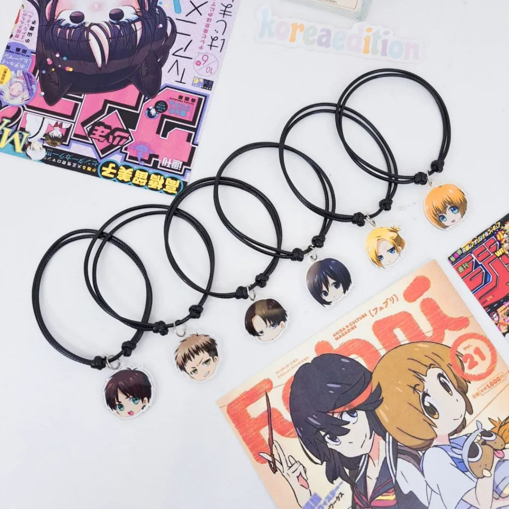 Gelang Tali Hitam dan Strap HP Attack On Titan SNK AOT Bracelet Akrilik Anime Levi Mikasa Eren Jean 