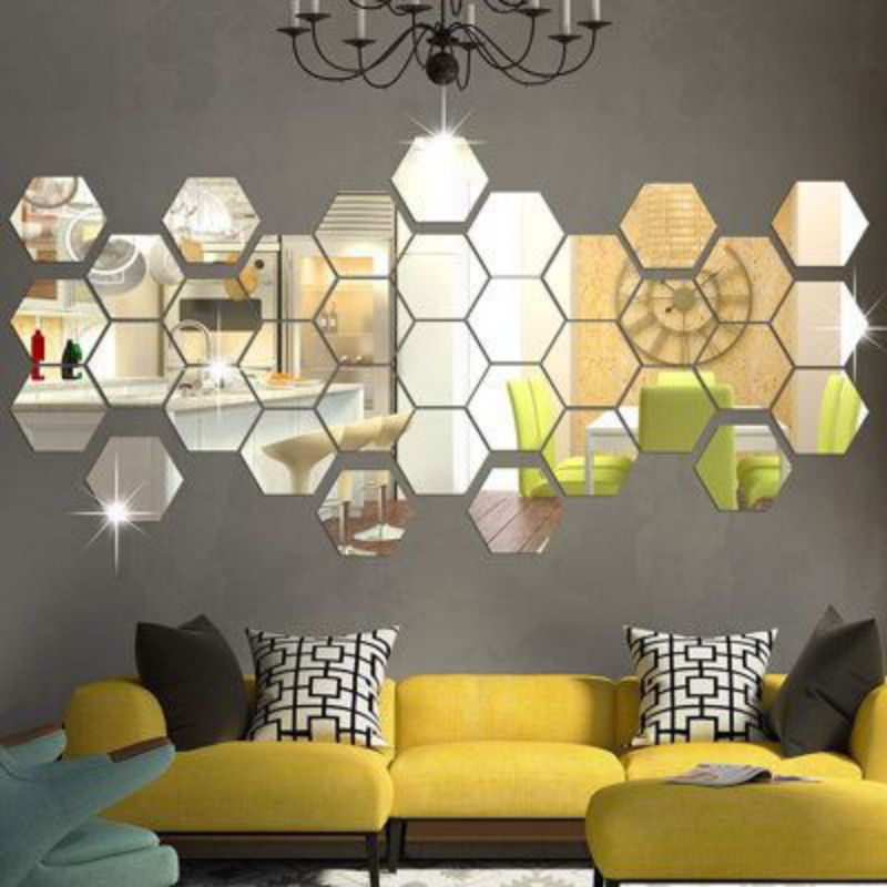 kaca cermin hexagonal ( asli kaca ) hiasan dinding  dekorasi rumah.ruang tamu