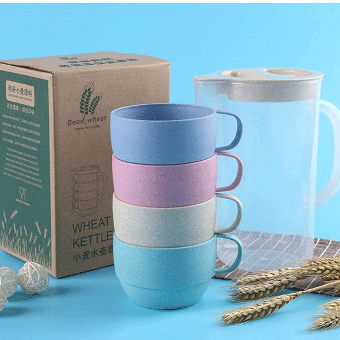 Free 4 cangkir Set Teko Plastik Warna Warni Wadah Teh Jus Sirup Kopi Wheat Straw Murah Gelas dan Tek