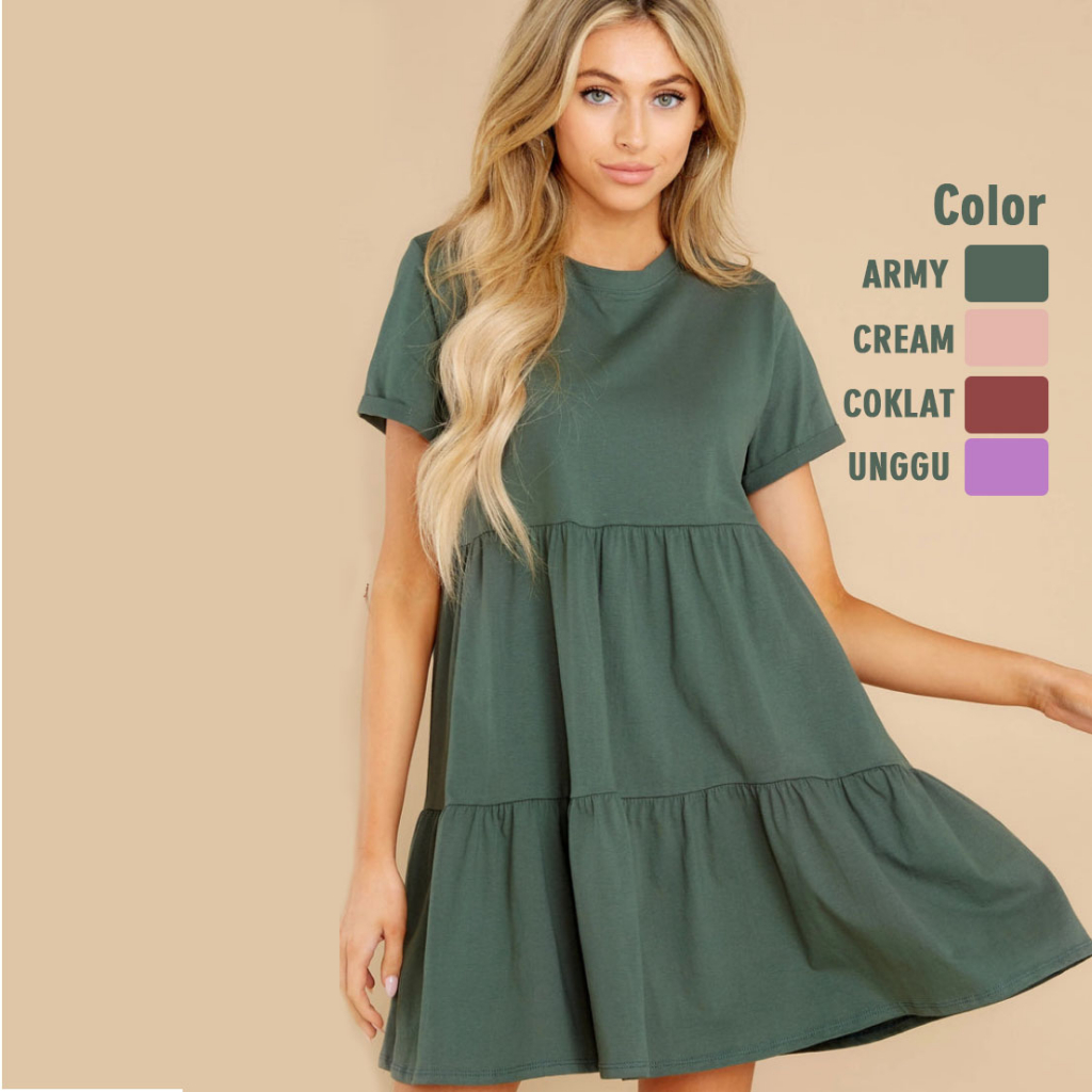 baju  dres  Lengan Pendek pakaian dewasa  bermodel kekiniaan motif polos Dress Wanita Elegant Super 