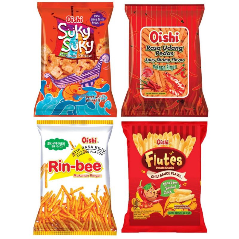 

Oishi Aneka Snack Rin-Bee Stik Keju Suky suky udang cracker manis pedas baru Flutes Potato