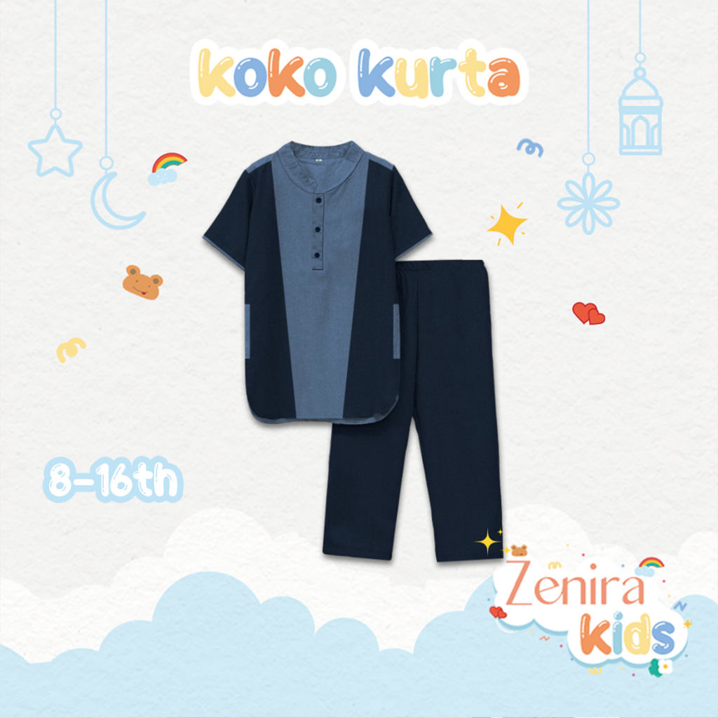 Zenira Official | Baju Muslim Setelan Koko Anak Usia 8 - 16 Tahun-Light Navy - Blue