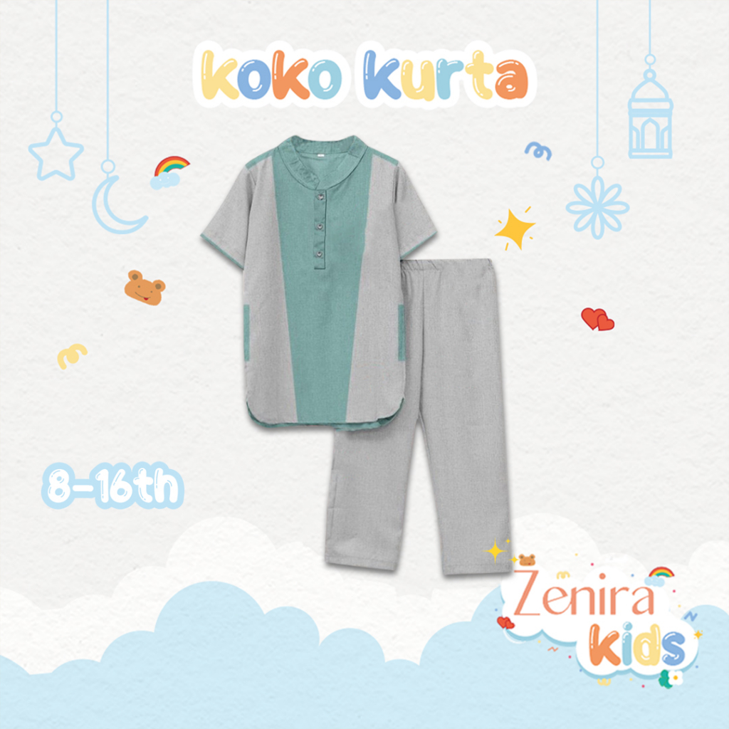 Zenira Official | Baju Muslim Setelan Koko Anak Usia 8 - 16 Tahun-Light Grey - Tosca