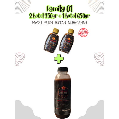 

FAMILY 01 (2 BOTOL @ 350 GRAM + 1 BOTOL @ 650 GRAM)_Madu Hutan Murni Al Hasanah_Madu Asli_Pure 100% Honey_Full Nectar_Original_Guarantee