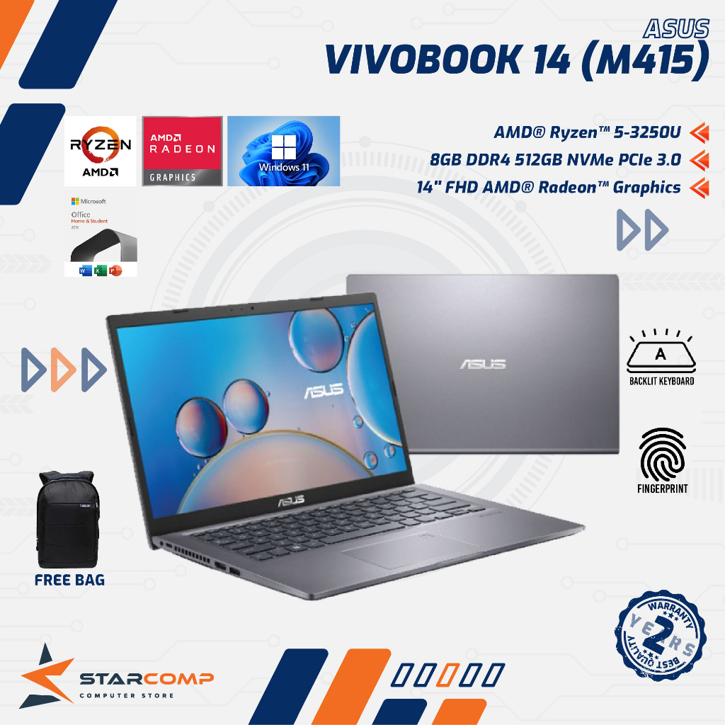 ASUS VivoBook 14 M415DAO - RYZEN 3-3250U 8GB SSD 512GB 14" FHD W11 OHS
