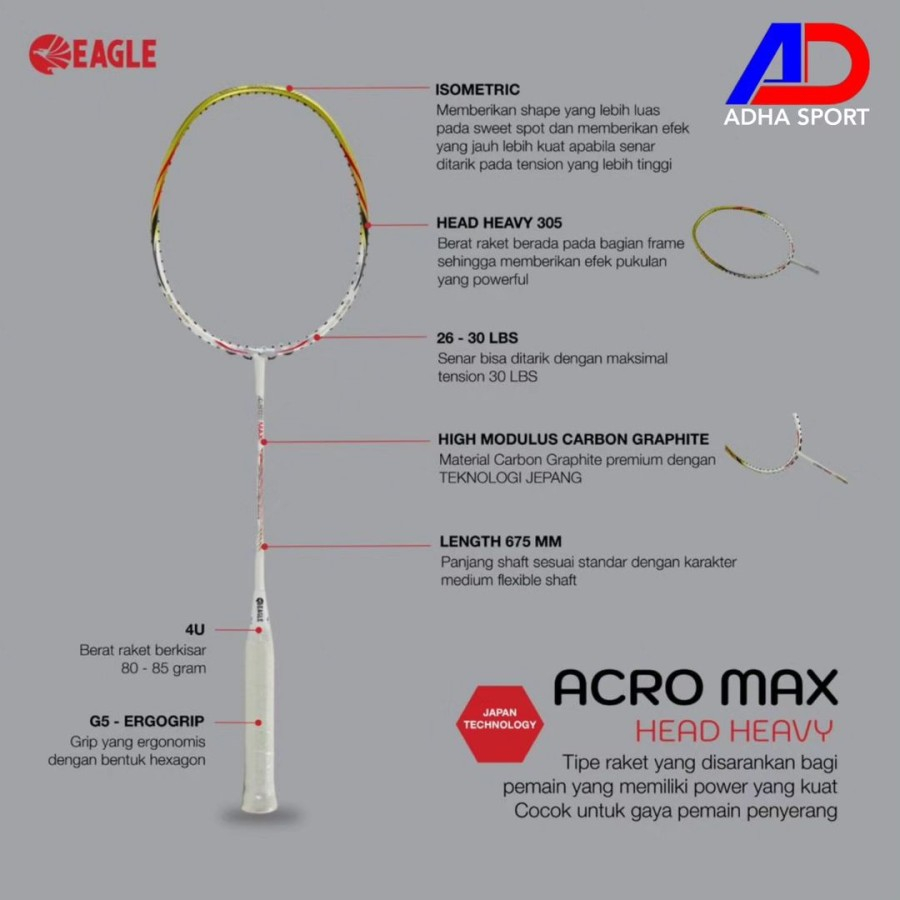 Eagle Acromax / Acro Max Power Head Heavy 4U Raket Badminton Original Adha Sport