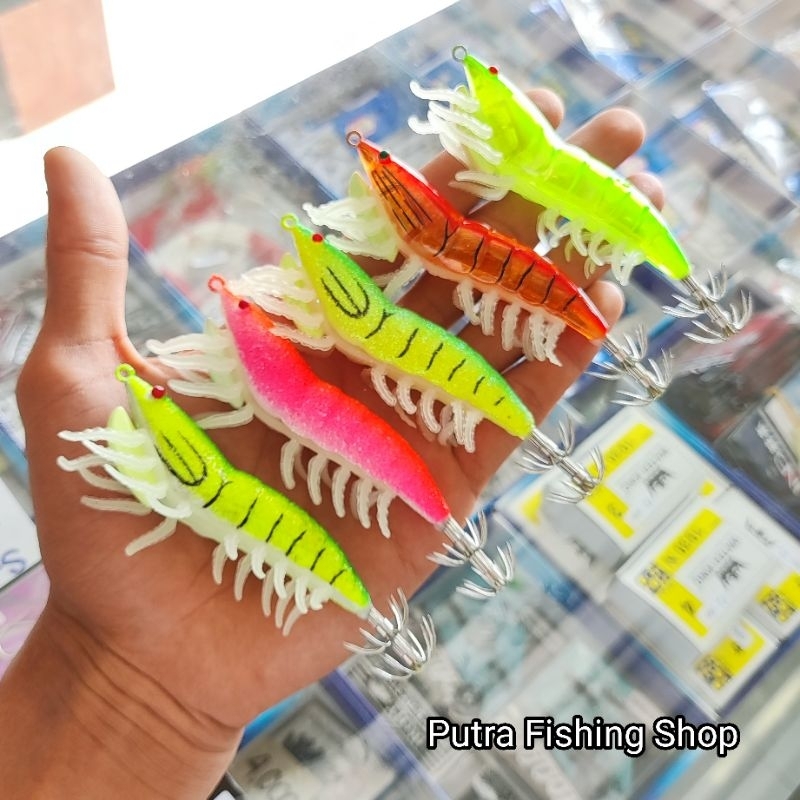 Umpan Pancing Cumi Bentuk Udang Udangan Kaki Super Glow & Rattle Size 3.0 - Pancing Cumi Shirmp Hunt