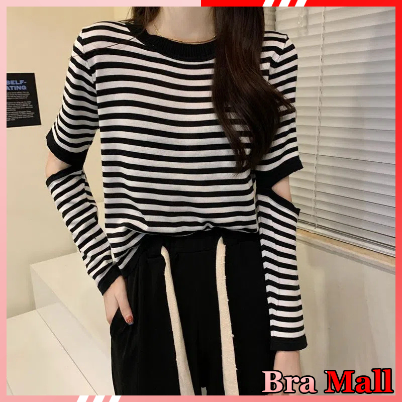 【 Bra Mall 】BJ-081 Kaos Lengan Panjang Striped Model Lengan Bolong Import