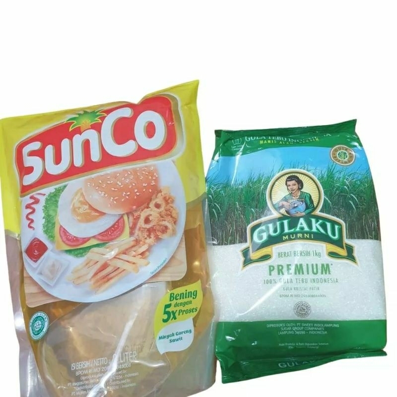 

paket minyak goreng 2 liter + gula pasir 1 kg