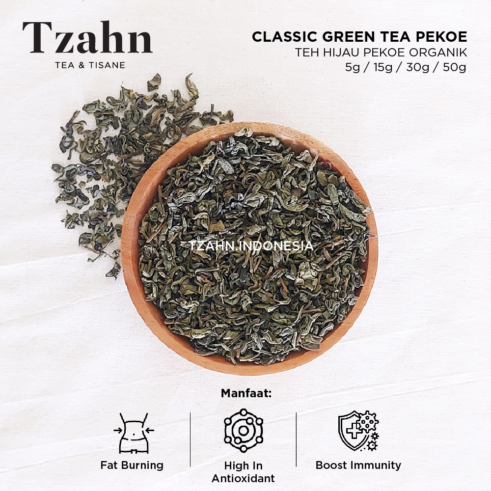 

Teh Hijau Green Tea Murni Organik Premium / Teh Hijau Pekoe Pecco Organik / Organic Pekoe Green Tea - Tzahn Indonesia