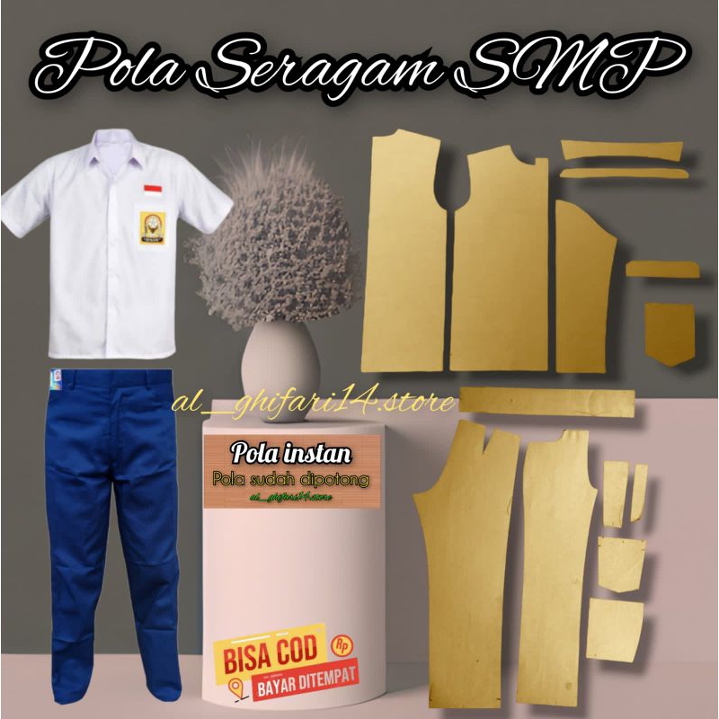 pola seragam SMP pria, baju atau celana, atau stelan