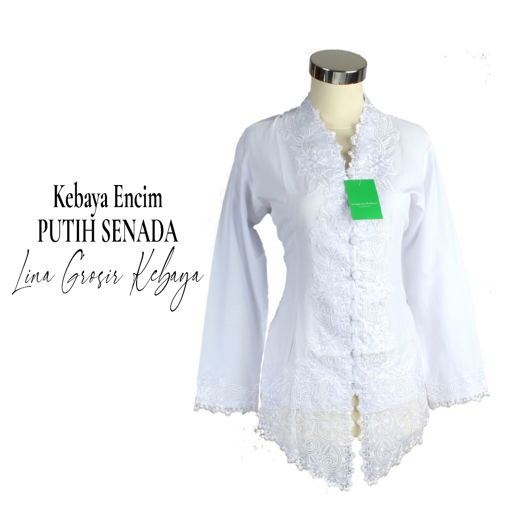Kebaya Encim Bordir Lengan Panjang Putih Senada Katun Stretch
