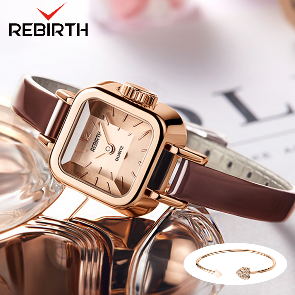 REBIRTH  Jam Tangan Quartz Strap PU Analog Casual Gaya Retro Wanita Persegi Watch Korean Fashion Per