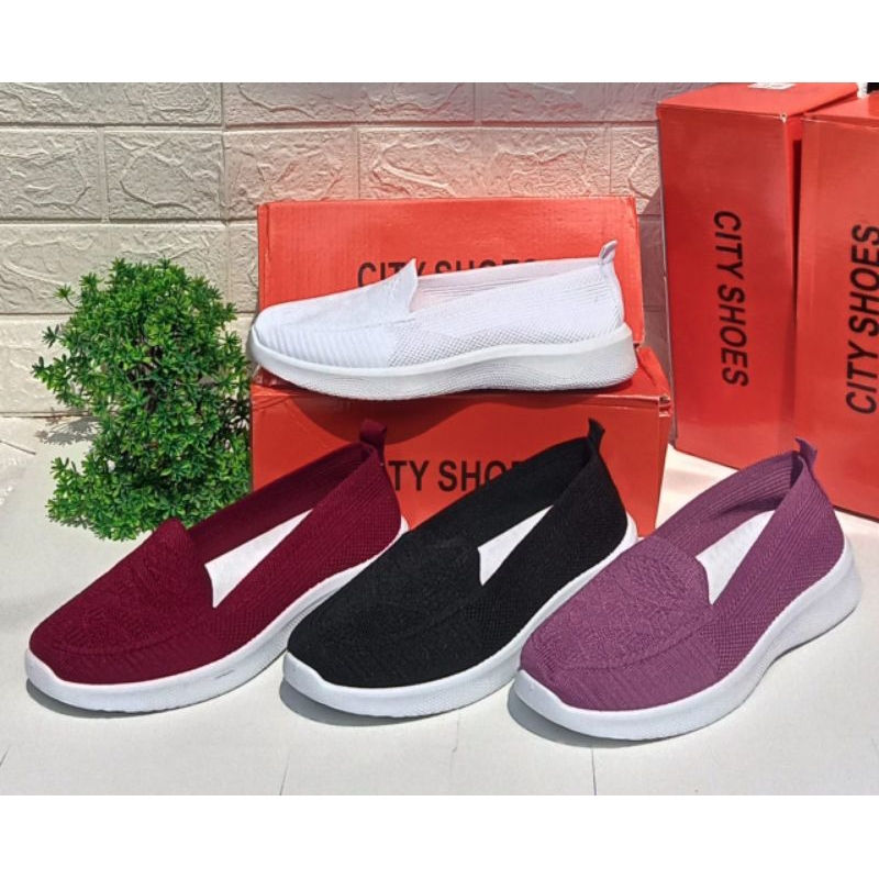 City Shoes - Sepatu Slip On Wanita Loafers Bahan Rajut Import