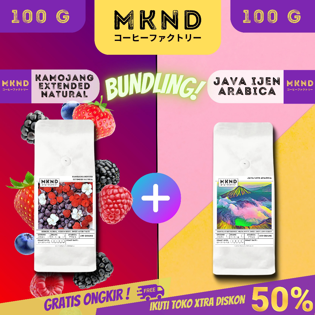 

MKND® BUNDLING HEMAT 2X100 KOPI ARABIKA KAMOJANG EXTENDED NATURAL SPECIALTY COFFEE SINGLE ORIGIN + KOPI ARABIKA JAVA IJEN BLUE MOUNTAIN NATURAL GRADE 1 PROMO DISCON | BIJI BUBUK | SINGLE ORIGIN | PREMIUM COFFE | ROASTED BEANS | MANUAL BREW | COFFE ROASTER