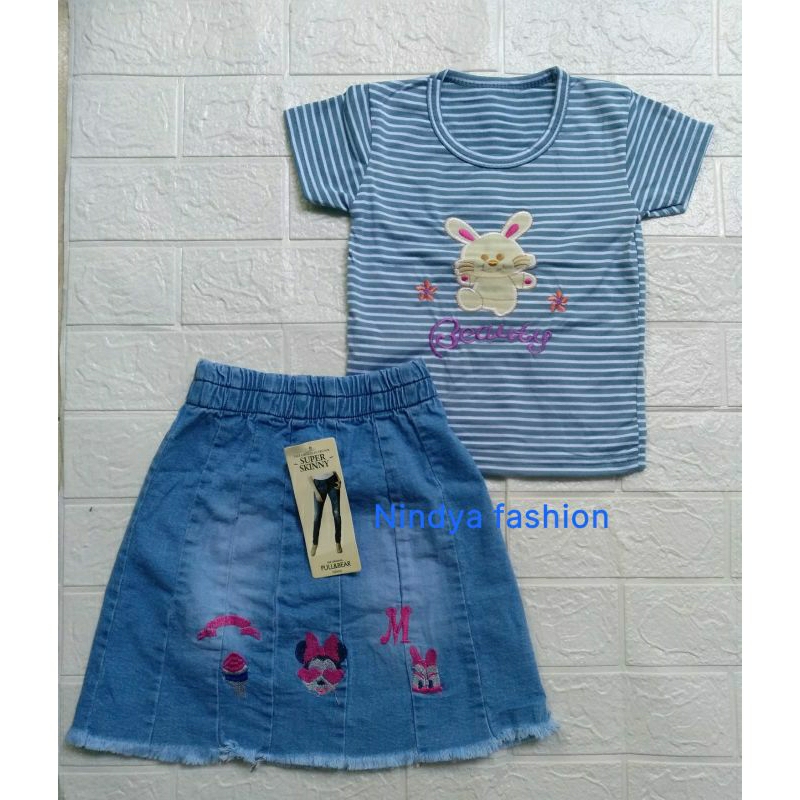 setelan baju rok jeans anak perempuan kaos,salur polos rok mini wanita terbaru 1 2 3 tahun