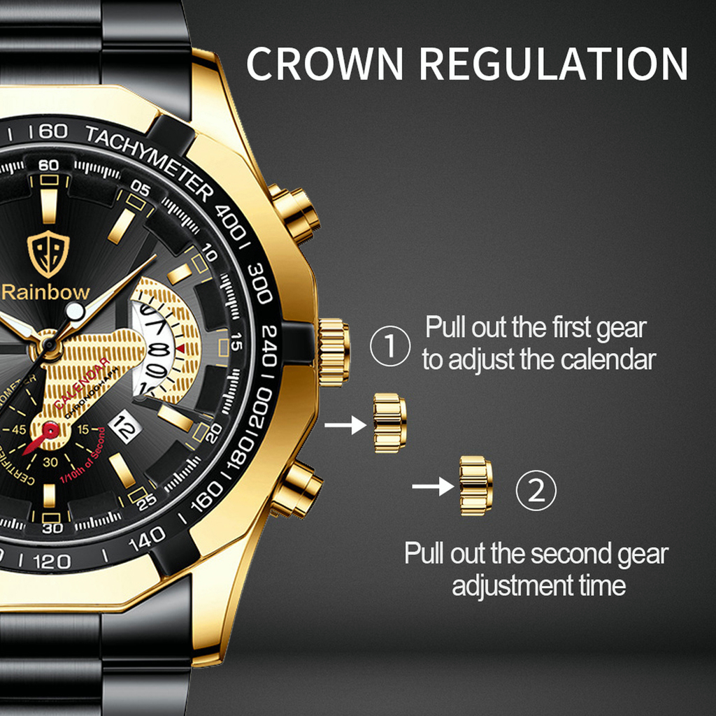 Rainbow COD Asli Jam Tangan Pria Tahan Air Anti Gores Mewah Stainless Steel Watch (Free Box + Card)-3