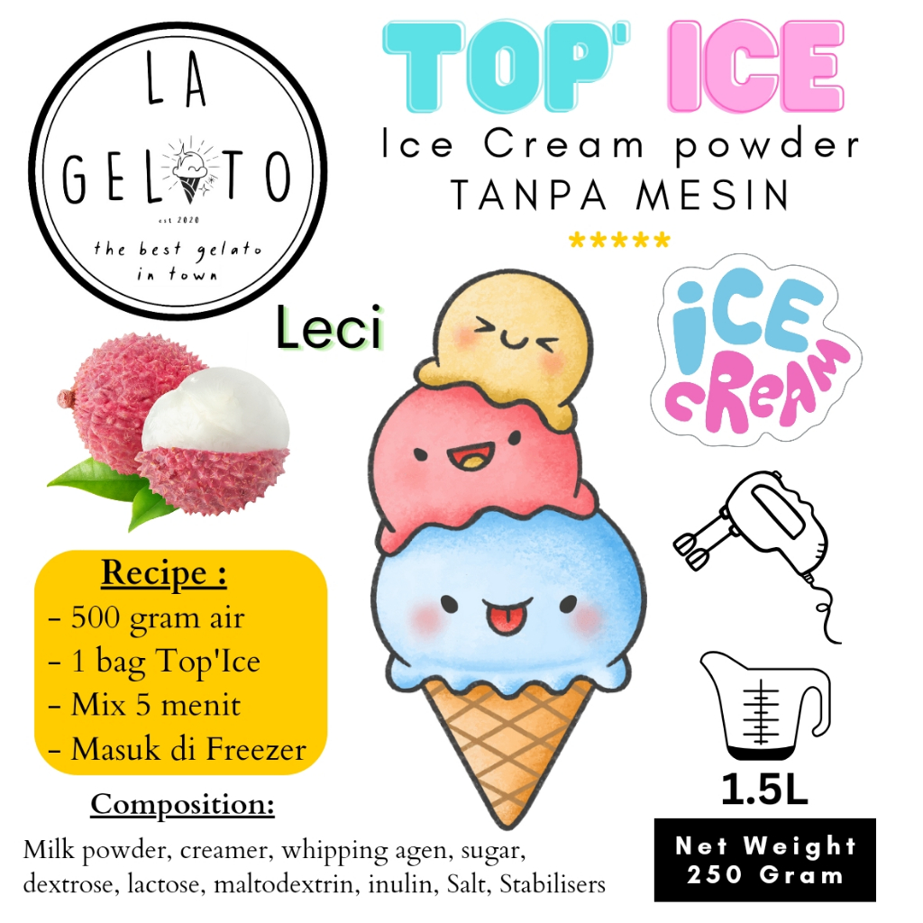 

250 gr Bubuk ice cream Top ice tanpa mesin rasa Leci