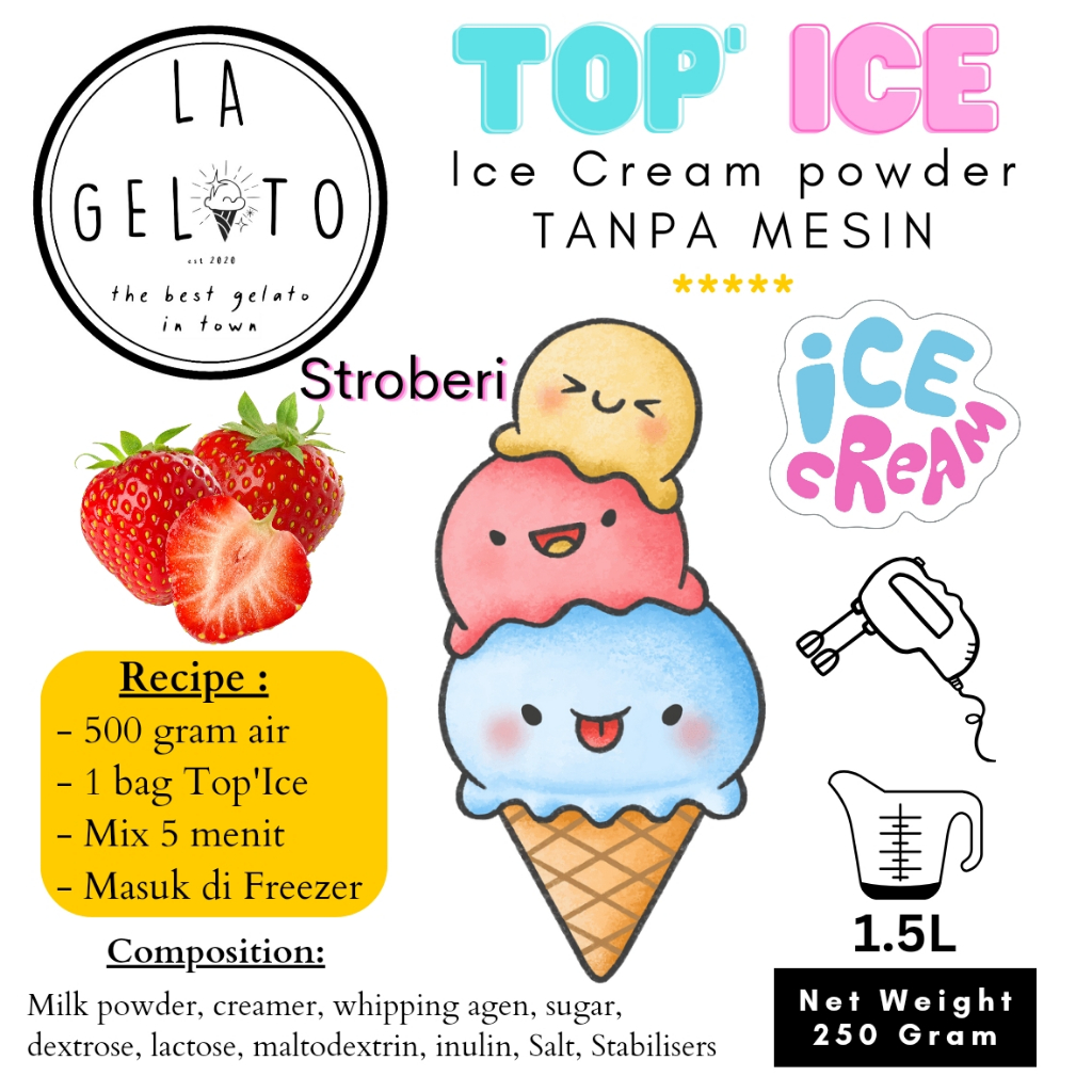 

250 gr Bubuk ice cream Top ice tanpa mesin rasa Stroberi