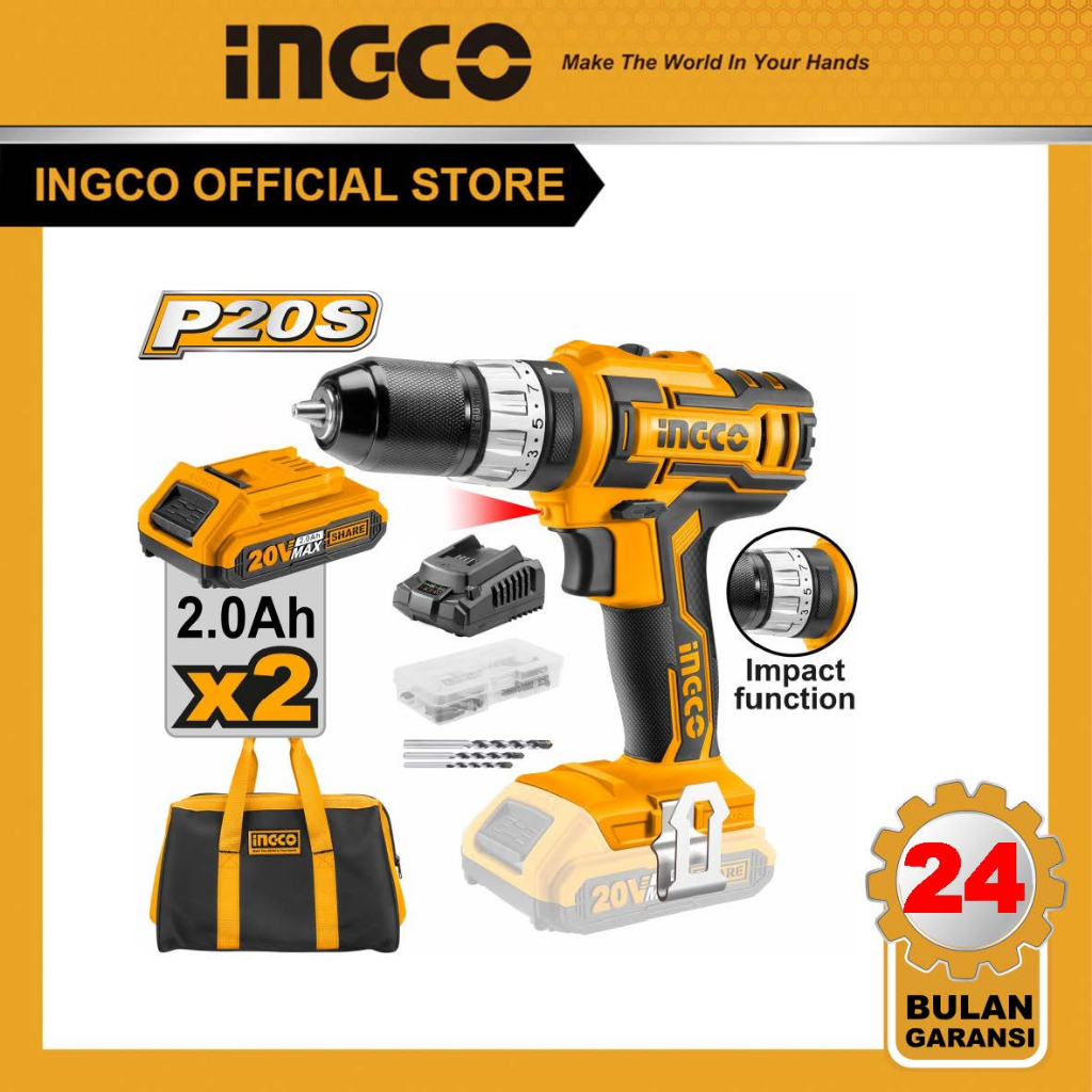 (INGCO) - INGCO MESIN BOR IMPACT CORDLESS 20 V INGCO (BATERAI / BATRE / BATRAI) UNTUK BETON BESI KAY