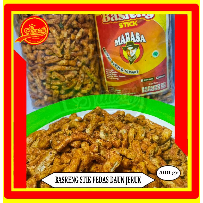 

Aneka cemilan makanan ringan Basreng stik pedas dau jeruk 500gr