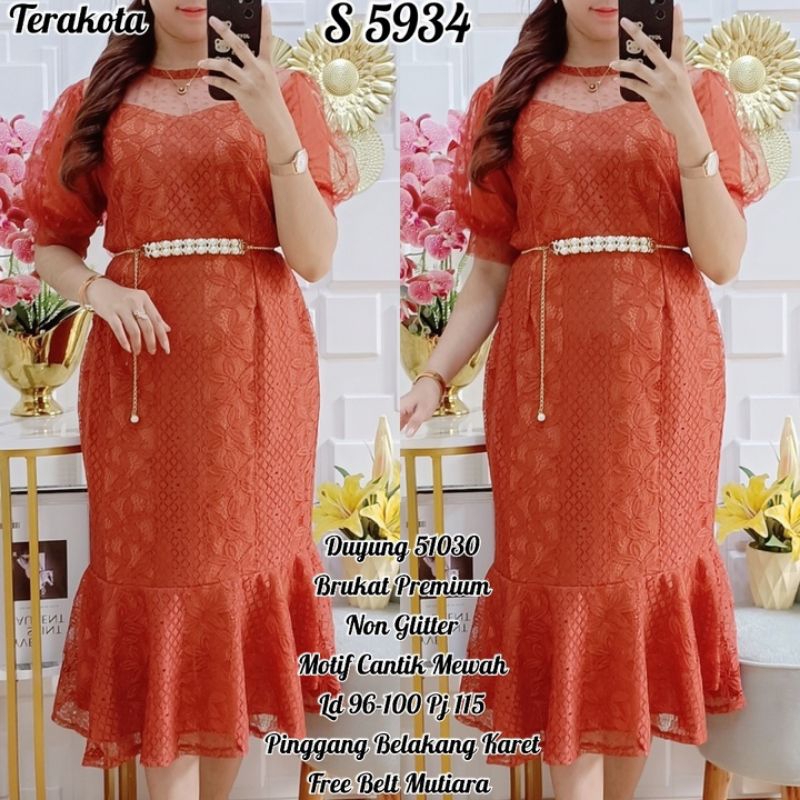 STYLE 5934. Dress Brukat Duyung Polos FREE Belt Premium