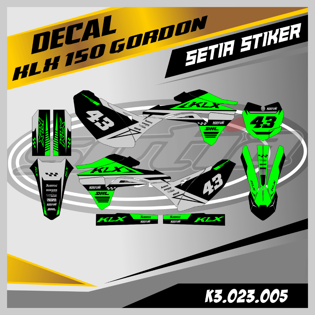 DECAL KLX GORDON ABU-ABU HIJAU, SUPERMOTO, TRAIL, DESAIN BEBAS CUSTOM BARU (K3.023.005)