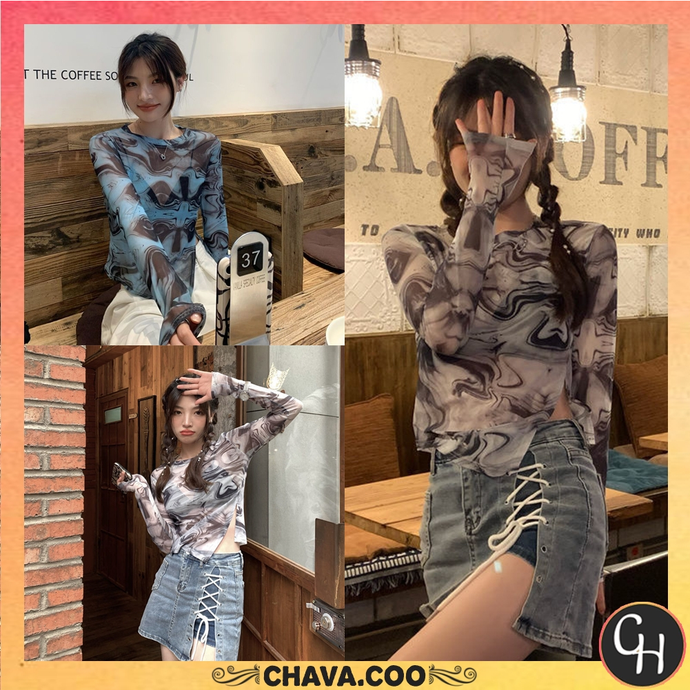 CHAVA | BJ1334 Baju Wanita Lengan Panjang Crop Top Vintage Abstak Kemeja Korea Katun Rayon Cotton Fashion