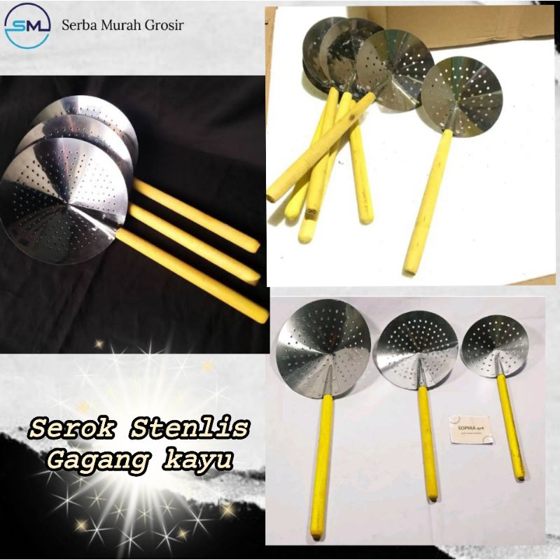 serok penggorengan/serok stenlis gagang kayu/peniris gorengan/serok stenlis