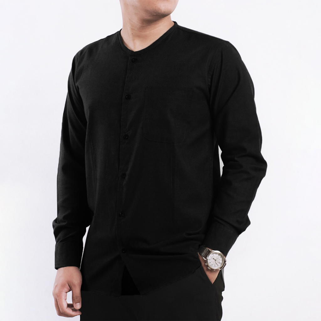 Mihran Kemeja Koko Tanpa Kerah Lengan Panjang Oxford - Black