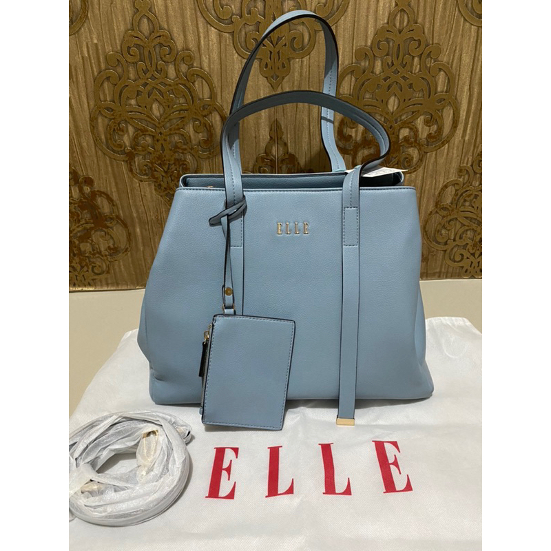 Preloved Baru Elle Ori Blue Biru Asli Tote Bag Tas Selempang Wanita Kerja Cover Casual Polos Kulit