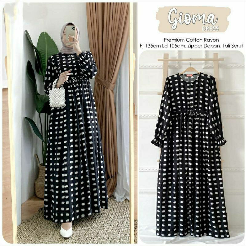 GIOMA DRESS KATUN RAYON MOTIF KOTAK KOTAK  GAMIS RAYON JUMBO BUSUI BUSANA MUSLIM MODEL KEKINIAN DRES