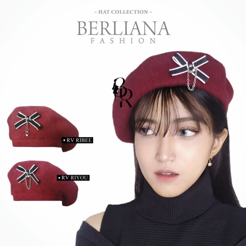 BARET HAT RED VELVET WITH RIBBON - TOPI KOREA