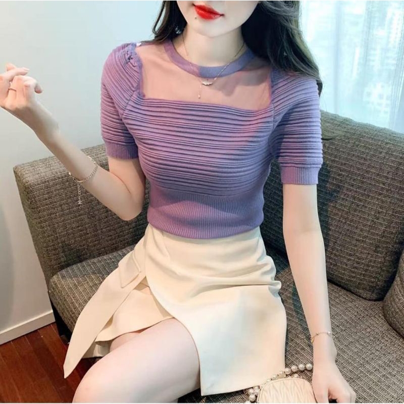 5416 Baju atasan blouse KNITTED RAJUT TOP lengan pendek Korea Korean style wanita import baju atasan