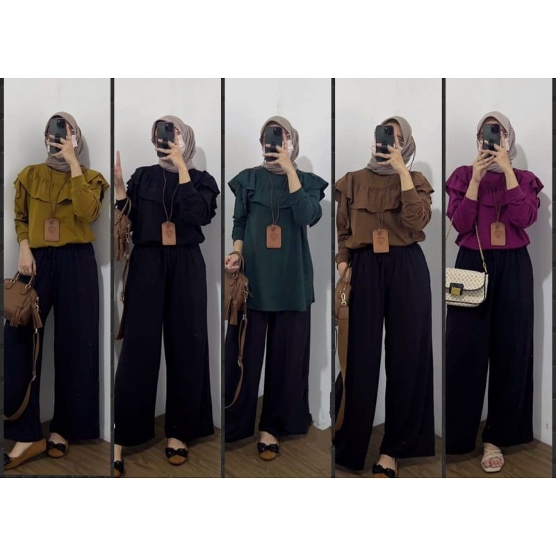 Set Setelan Celana+Atasan Blouse Rempel Ruffle Dada