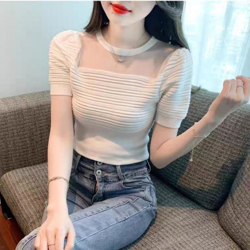 5416 Baju atasan blouse KNITTED RAJUT TOP lengan pendek Korea Korean style wanita import baju atasan