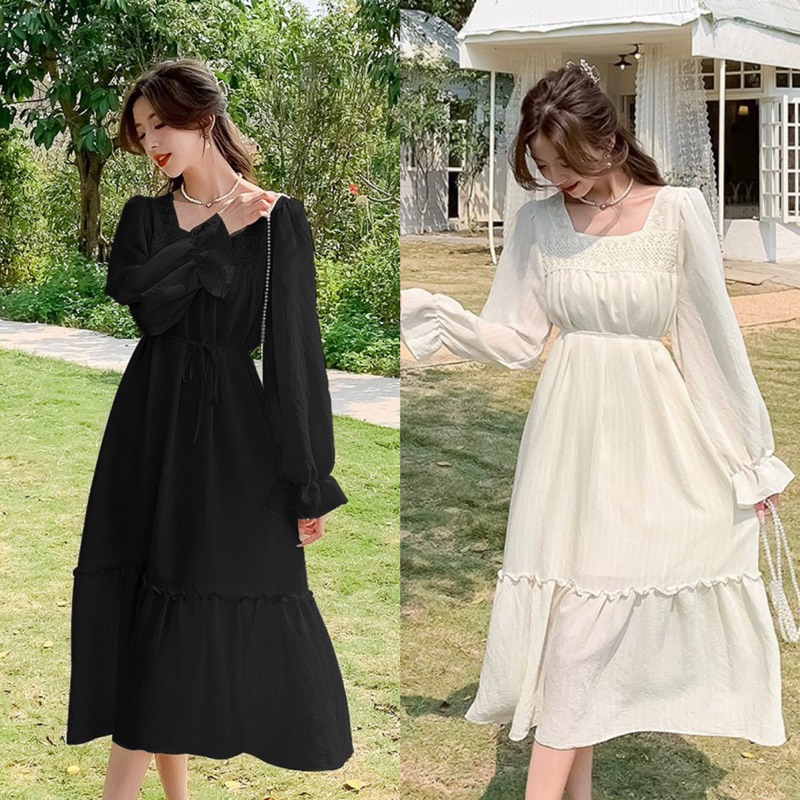 Mina Dress Simple Basic Elegant Dinner Casual Hijab Korea Chic Minimalis Polos Long Black White Lime