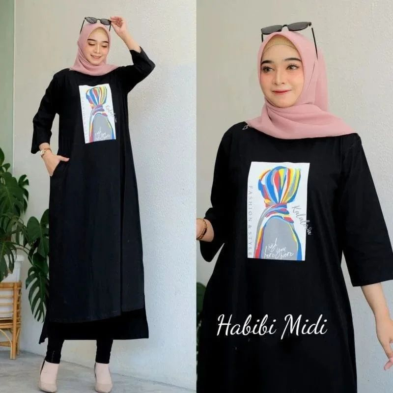 GAMIS TERBARU HABIBI MIDI DRESS BO SIZE S M L XL DAN XXL JUMBO BAHAN KAOS KATUN COMBED 24S APK SABLO