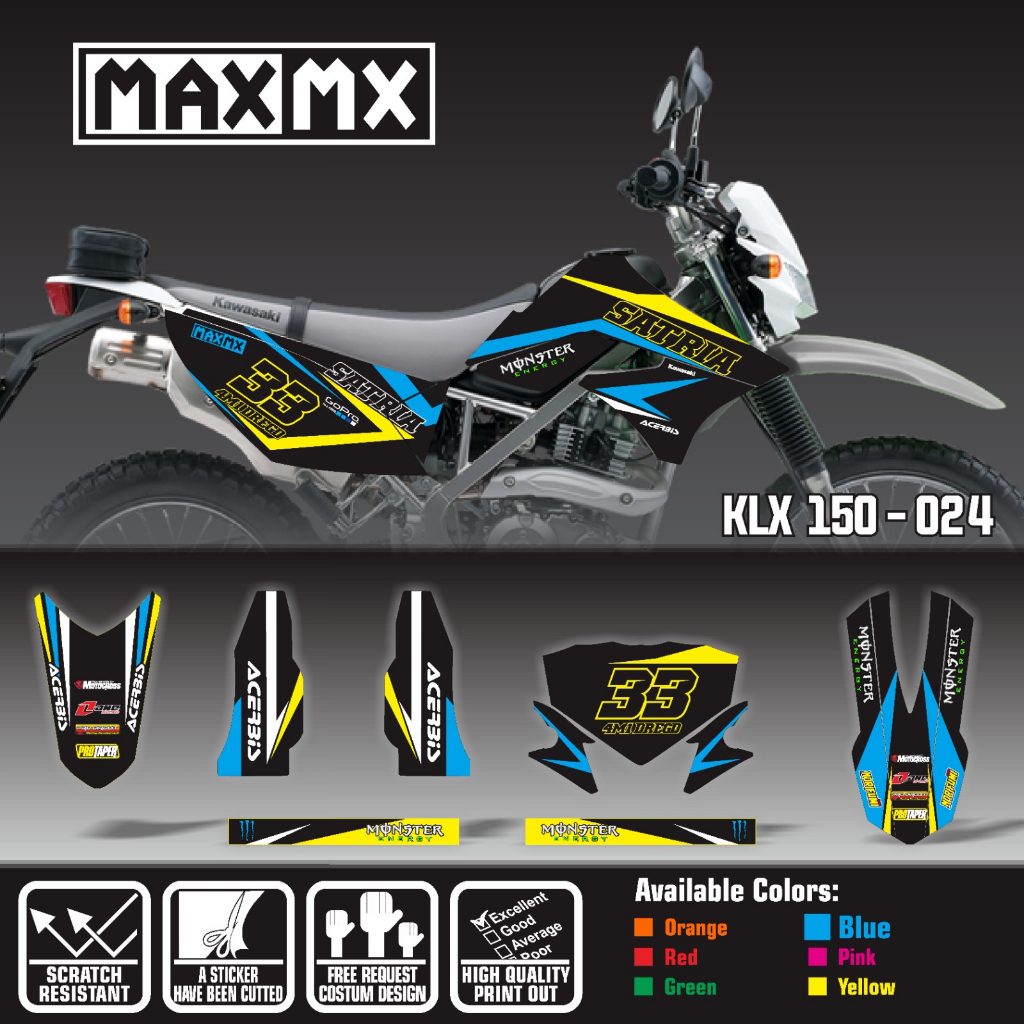 decal klx 150 old keren full body stiker warna hitam list biru kuning