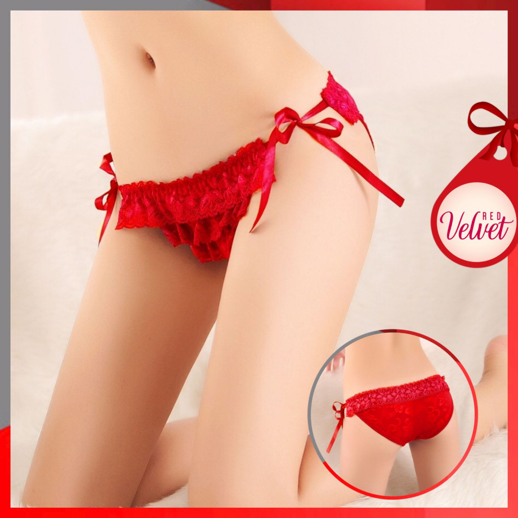 RV® Celana Dalam CD Pakaian Dalam Wanita Double Renda G-String Tali Simpul Samping 1196