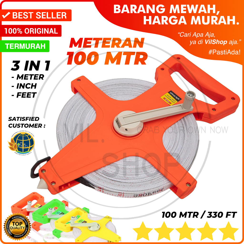 METERAN 100 METER 330 FEET GAGANG TANCAP AWET GULUNG / FIBERGLASS MEASURING TAPE 100M/330FT 100 M MT