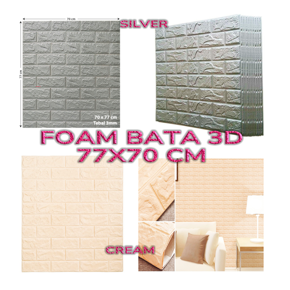 Wallpaper Stiker Dinding 3D Foam Bata Silver Cream 77x70cm Dekorasi Foam Dinding Kamar Ruang Tamu Mu