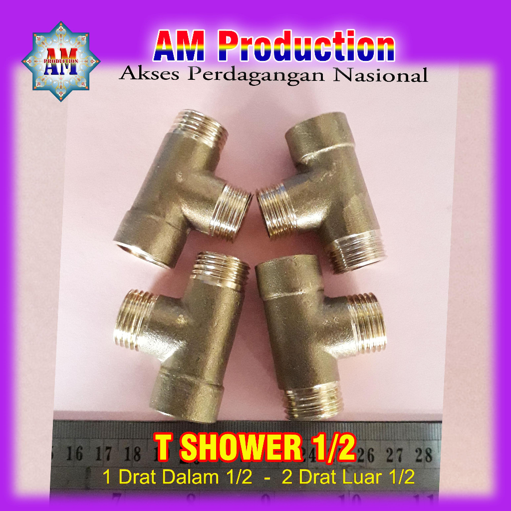 T Shower  ukuran 1/2 Drat Luar 2, Drat Dalam 1 Logam Kuningan