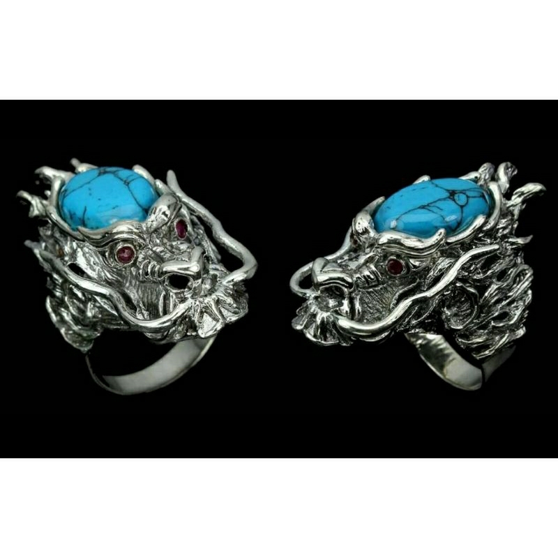 Cincin Kepala Naga Natural Pirus+ruby perak