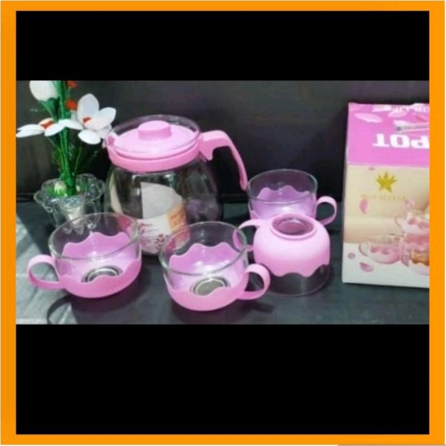 Teapot Kaca Set 5 in 1 Bmw Gelas Ceret Teko Cangkir Kaca