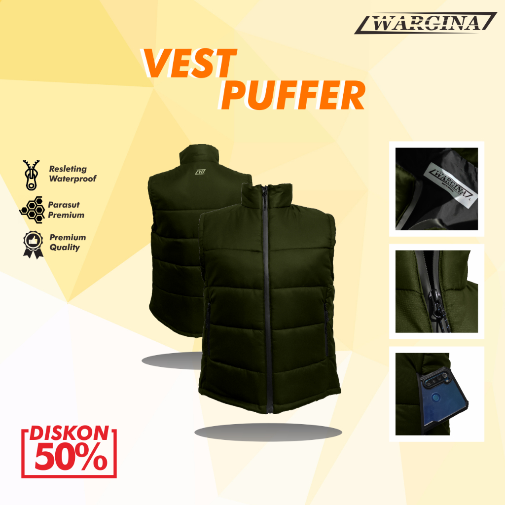 Vest Puffer Coat Winter Warna Hijau Army Premium Quality dilengkapi dengan Resleting Waterproof Romp