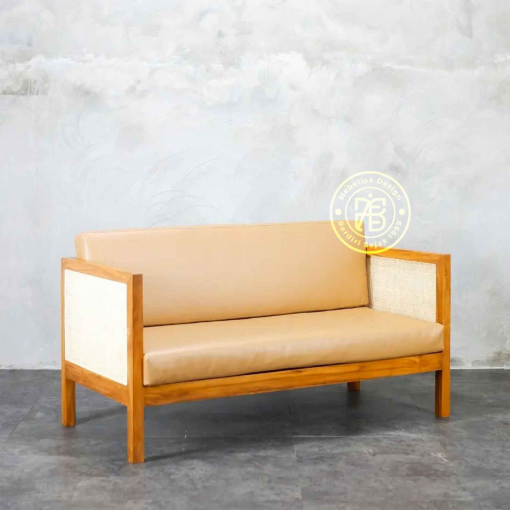 Bangku Sofa Santai Kombinasi Rotan 2 Seater Rangka Jati