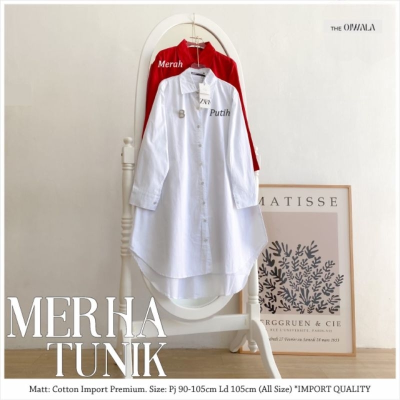 Merha Tunik - Bahan Cotton Premium Import | Tunik Kemeja Panjang Polos Full Kancing | Edisi Merah Pu