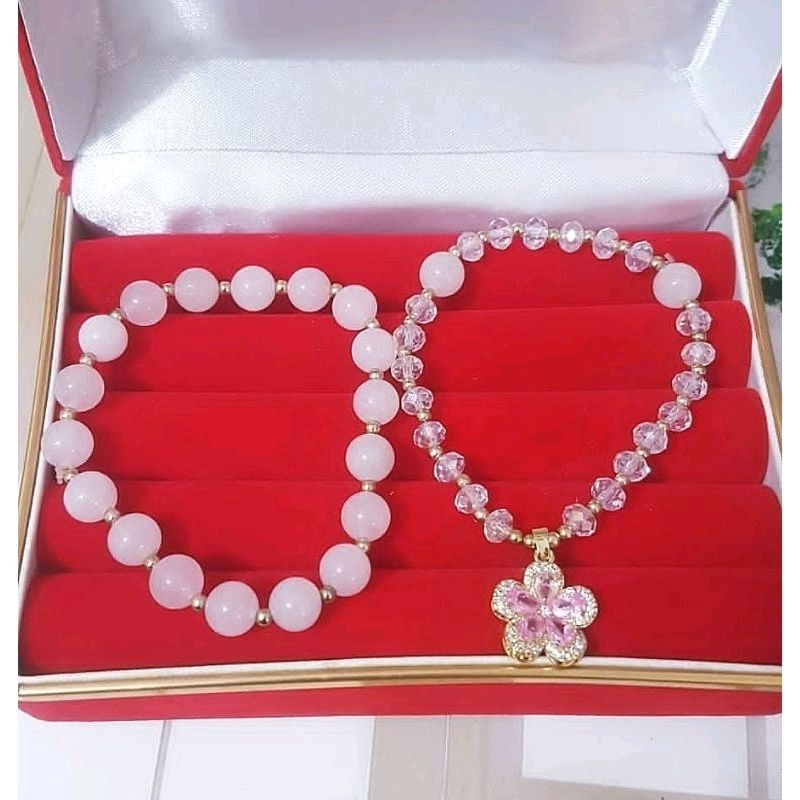 Gelang  giok  batu manik manik gold pink 83