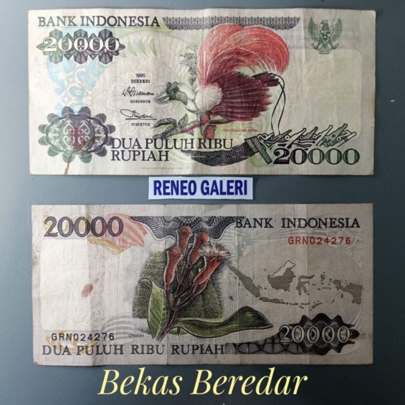 VF Asli 20.000 rupiah cendrawasih tahun 1992 1995 Rp Uang 20000 Duit Kertas kuno jadul lawas lama Indonesia Original Cengkeh